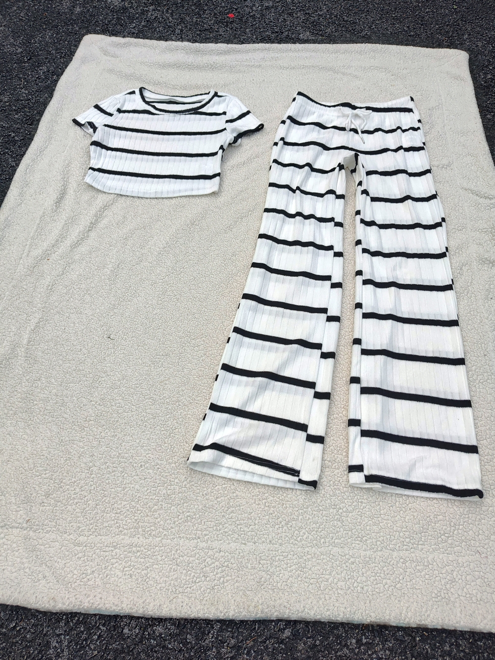 Striped White and Navy Blue Wide-Leg Flare Pants With Matching Crop Top
